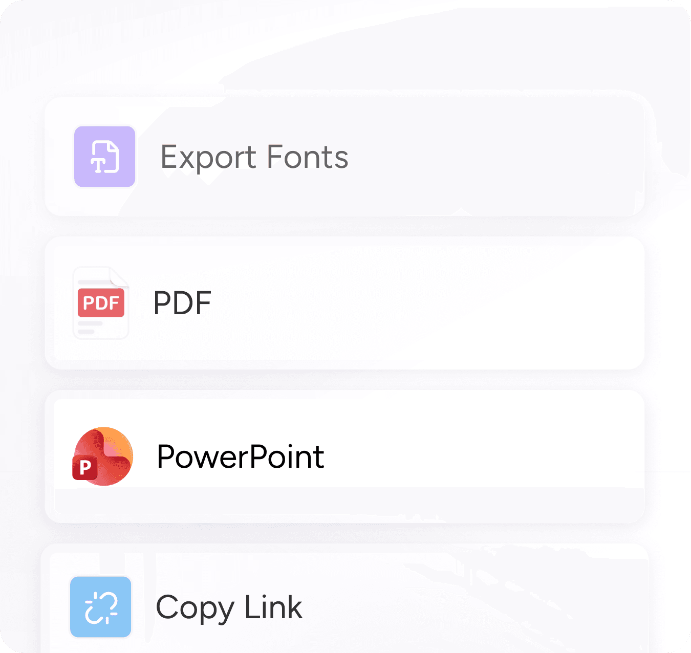 Presentation export menu with font, PDF, PowerPoint, and share-link options